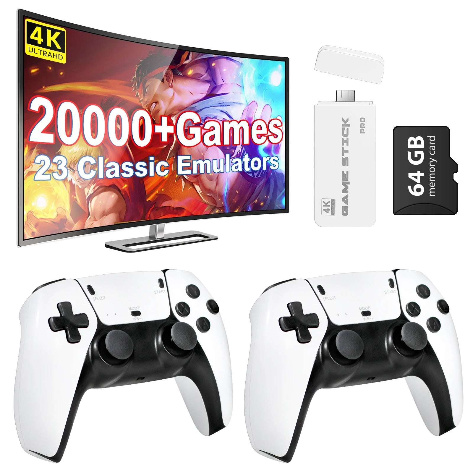 4K Retro Game Stick with 64GB – 20,000+ Games, 23 Emulators, Dual Wireless Controllers, Plug & Play