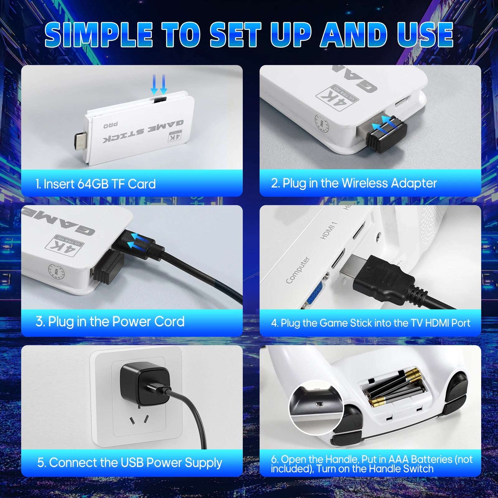 4K Retro Game Stick with 64GB – 20,000+ Games, 23 Emulators, Dual Wireless Controllers, Plug & Play