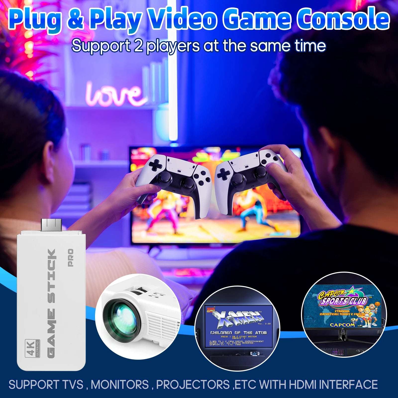 4K Retro Game Stick with 64GB – 20,000+ Games, 23 Emulators, Dual Wireless Controllers, Plug & Play