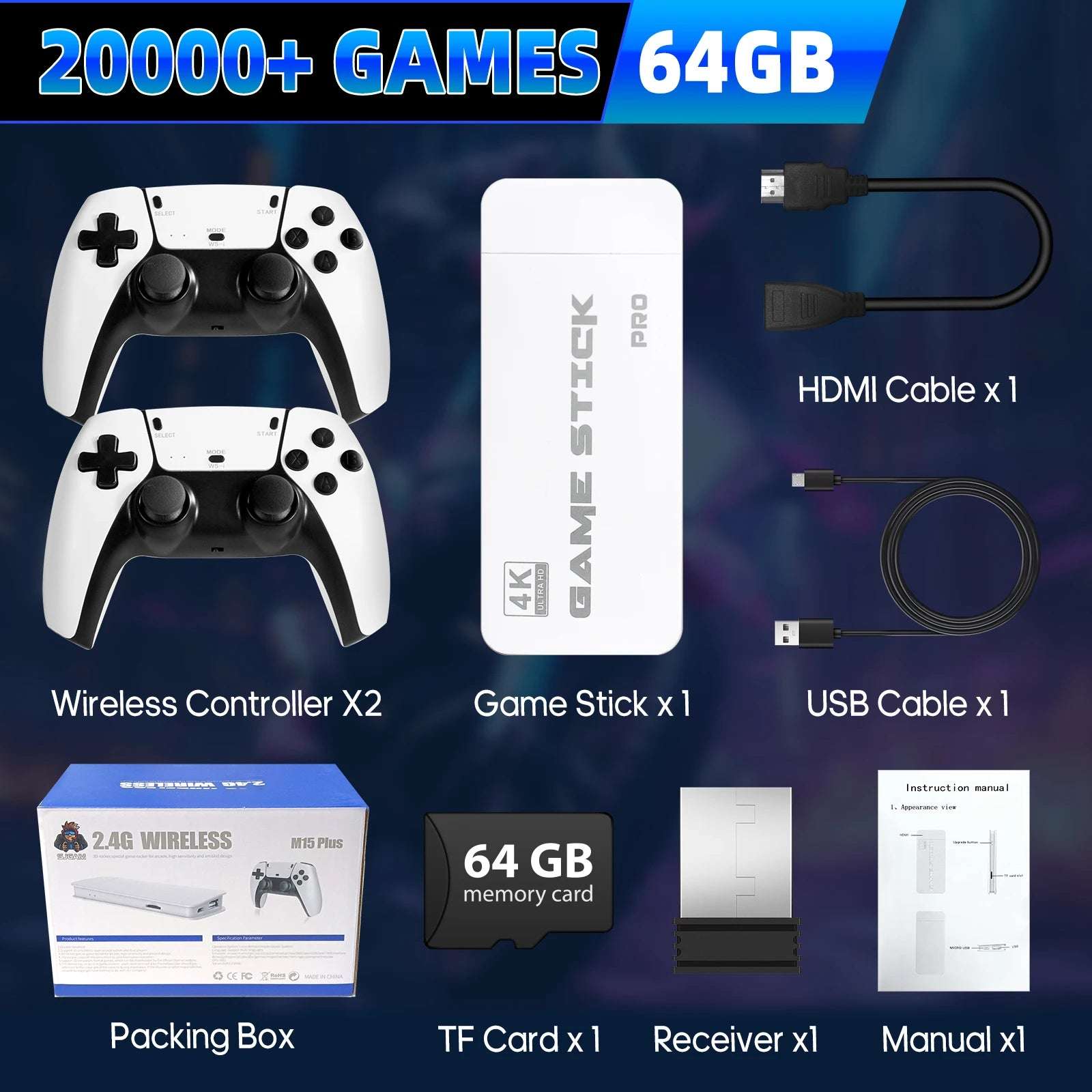4K Retro Game Stick with 64GB – 20,000+ Games, 23 Emulators, Dual Wireless Controllers, Plug & Play