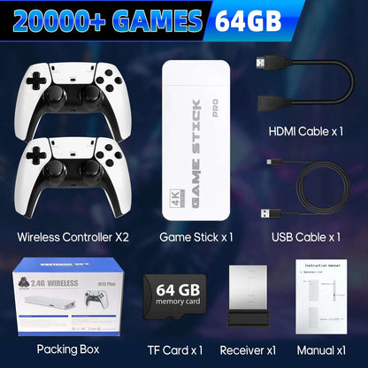 4K Retro Game Stick with 64GB – 20,000+ Games, 23 Emulators, Dual Wireless Controllers, Plug & Play