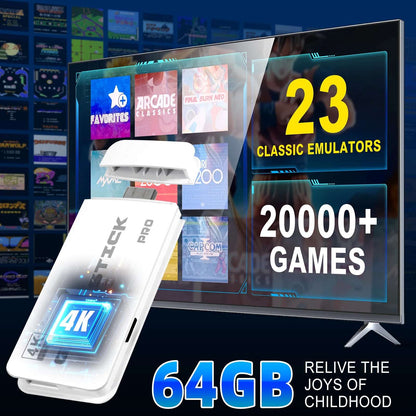 4K Retro Game Stick with 64GB – 20,000+ Games, 23 Emulators, Dual Wireless Controllers, Plug & Play